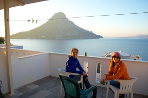 Heidi Wirtz and I relaxing on our deck with the island of Telendos in the background